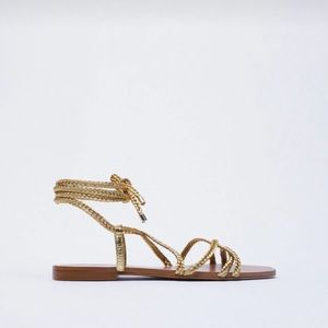 Zara low heel woven metallic sandals with tied ankle